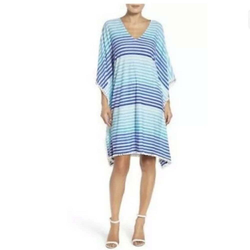 LILLY PULITZER XXS-XS TRADEWIND STRIPED POM POM TRIM CAFTAN DRESS